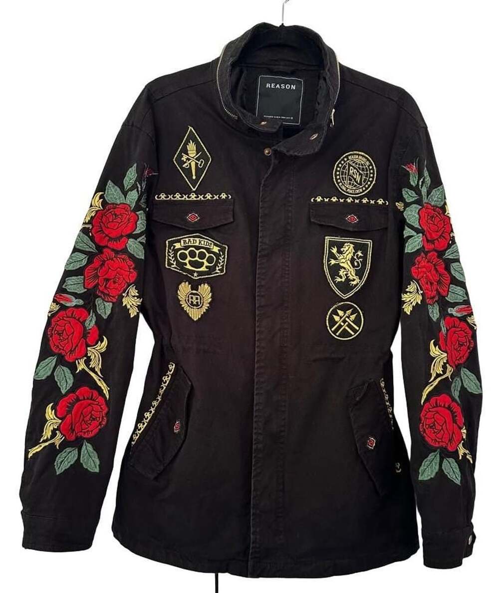 Reason Women’s Jacket Black Floral Embroidered Military Utility Patchwork